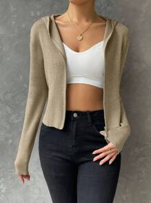 SHEIN EZwear Ribbed Knit Zip Up Hooded Cardigan - Apricot - View 5