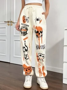 SHEIN Unity Skull & Snake Print Pocket Drawstring Waist Casual Sweatpants - Apricot - View 6