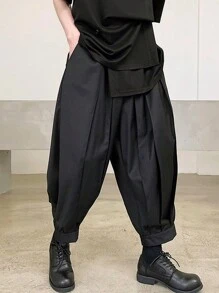 Manfinity Hypemode 男式純色下擺低垂寬鬆褲，超大尺寸，素面黑色，適用於外出穿著 - 黑色 - 查看 8