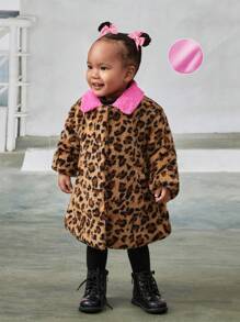 SHEIN Baby Girl Leopard Pattern Contrast Collar Teddy Coat - Coffee Brown - View 4