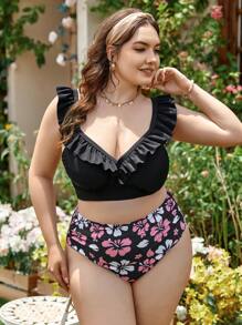 SHEIN Swim Curve Plus Floral Print Ruffle Trim Bikini Set, For Summer Beach Vacation - Multicolor - View 4