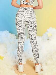 SHEIN X Care Bears 字母卡通熊印花寬腰運動打底褲 - 彩色 - 查看 1