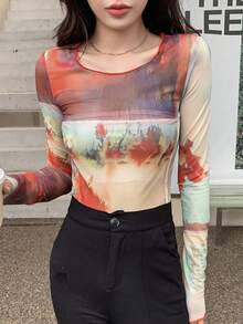 Tie Dye Lettuce Trim Mesh Top - Multicolor - View 6