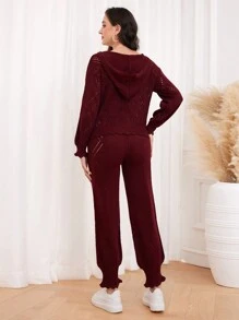 Mulvari 勃艮第红色纯色连帽毛衣和针织裤 - 酒紅色 - 查看 2