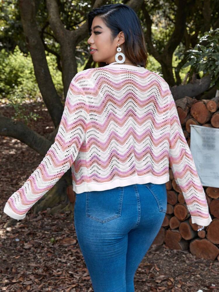 Plus Chevron Pattern Pointelle Knit Knot Front Cardigan
