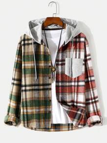 Manfinity Homme Men Plaid Print Colorblock Drawstring Hooded Overcoat Without Tee - Multicolor - View 3