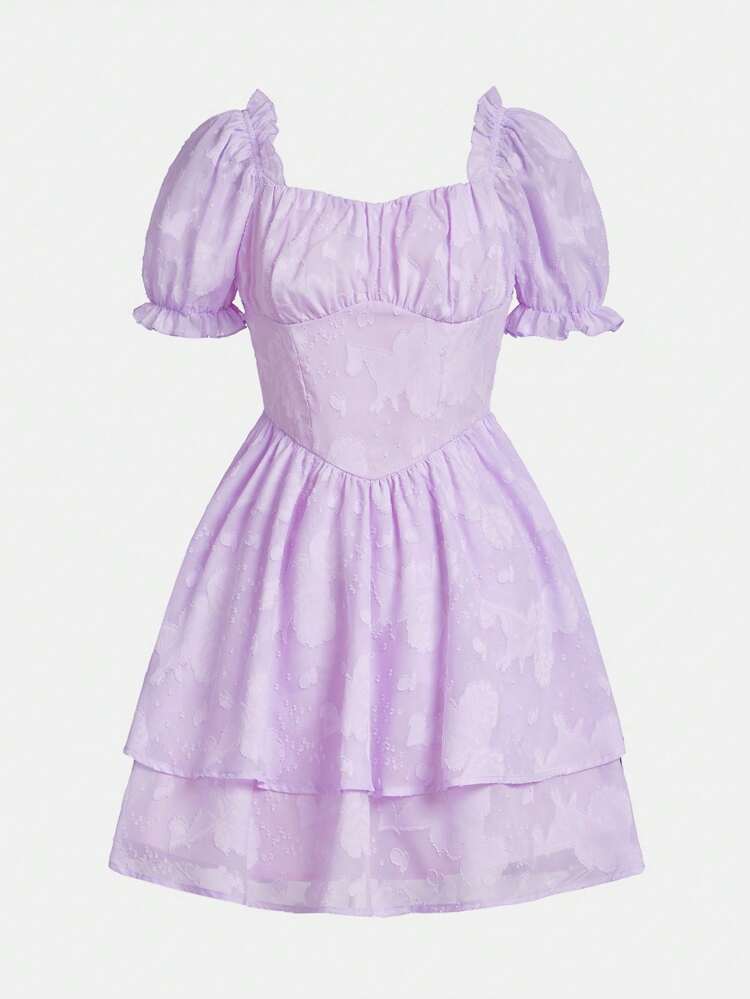 Teen Girls Jacquard Ruched Bust Puff Sleeve Dress