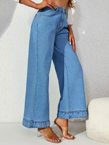 SHEIN Essnce 鈕扣 口袋 拉鍊純色女士牛仔褲 - 淺色水洗藍 - 查看 3