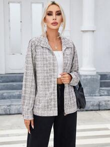 SHEIN Essnce In kẻ sọc Dây kéo Áo khoác vải nhung - Nhiều màu - Xem 5