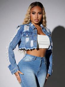 SHEIN SXY Ripped Raw Hem Denim Jacket - Light Wash - View 4
