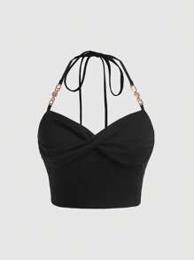 SHEIN MOD Chain Detail Crop Halter Top - Black - View 1