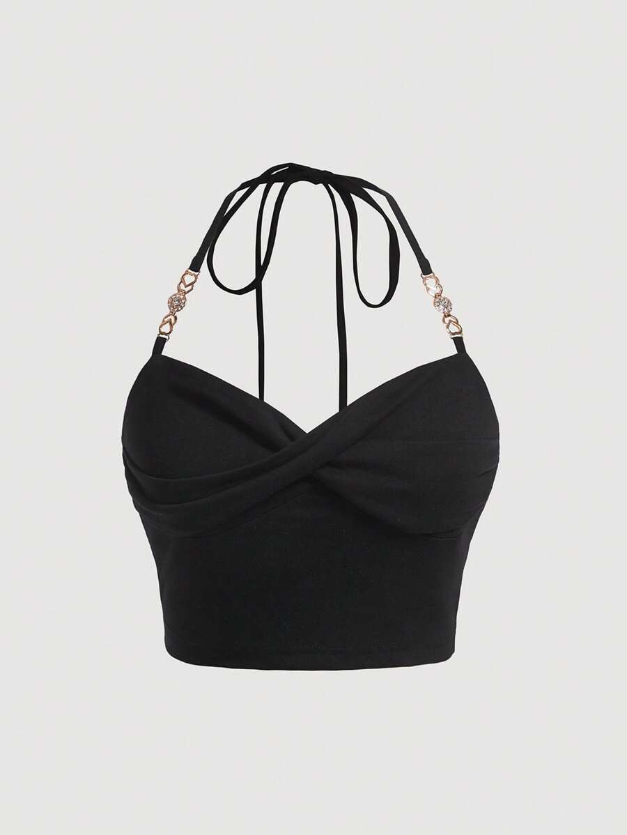 SHEIN MOD Chain Detail Crop Halter Top - Black - View 1