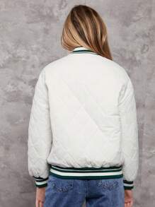 Teen Girl Letter Graphic Striped Trim Drop Shoulder Quilted Coat