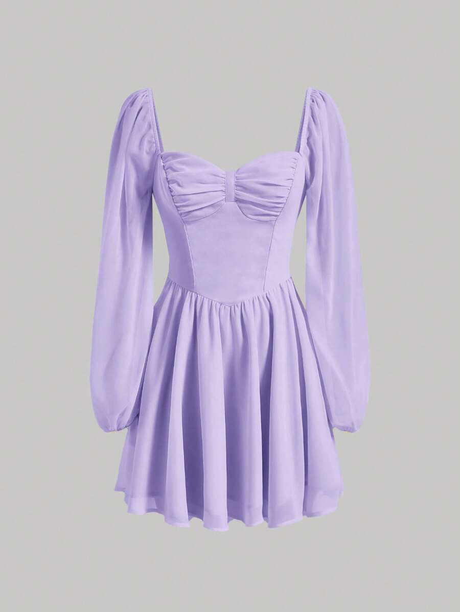 SHEIN MOD Cổ Trái tim Tay áo lồng đèn Xù Tím Bộ ngực Cúp Xếp li Ngắn Hem Công chúa NỮ Đầm - Màu tím hoa cà - Xem 1