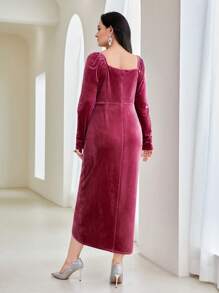 Modelyn Plus Rhinestone Detail Wrap Hem Velvet Dress Without Belt Long Evening Dresses