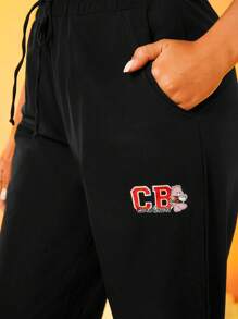 SHEIN X Care Bears Streetz SHEIN Sport Letter Graphic Drawstring Waist Sports Pants - Black - View 4