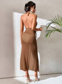 Swim Vcay Halter Neck Backless Tie Side Cover Up Dress Without Bikini Panty, For Summer Beach Vacation - Coffee Brown - View 2