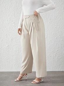 SHEIN Privé Plus Quần xếp ly gấp liền - Màu be - Xem 3