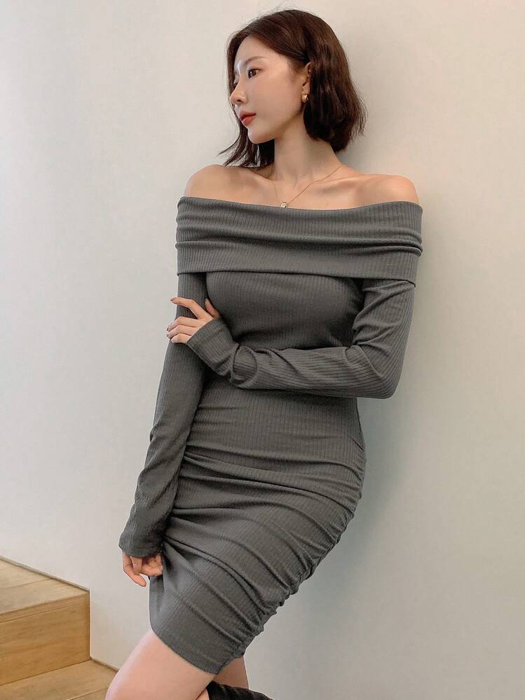 DAZY Solid Bardot Drawstring Side Ruched Bodycon Dress,Fall Dress Long  Sleeve Dress | SHEIN USA