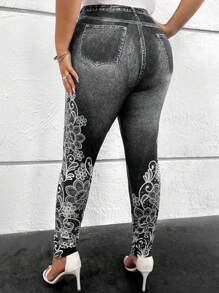 SHEIN Clasi 大碼牛仔效果和印花緊身打底褲