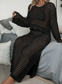 SHEIN LUNE Talla grande tejido abierto Jersey & de muslo con abertura Falda de punto sin set de lencería - Negro - Ver 6