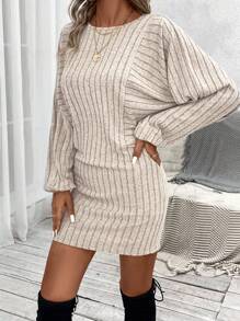 SHEIN LUNE Batwing Sleeve Ribbed Knit Bodycon Dress - Apricot - View 5
