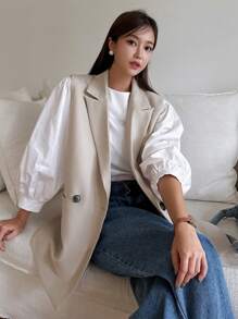 DAZY Áo blazer nữ màu trơn cổ ve lật, cài cúc đôi, không tay, thích hợp mặc đi làm, trang phục công sở mùa thu. - Màu be - Xem 5