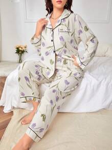Plus Floral Print Contrast Piping PJ Set / Pajama Set - Beige - View 1