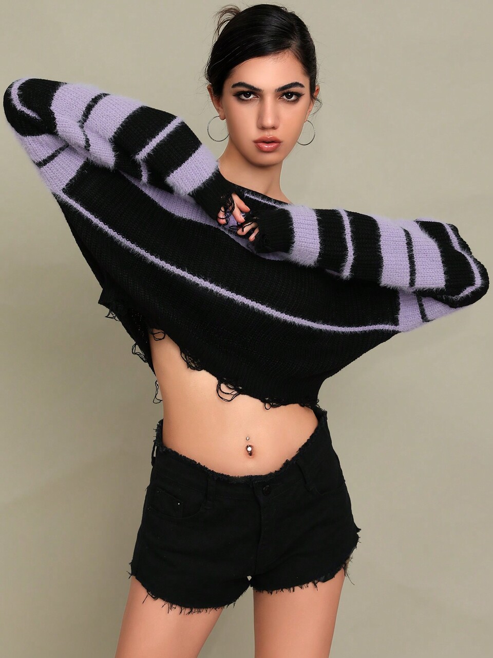 Striped Pattern Drop Shoulder Distressed Hem Sweater