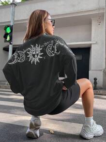 SHEIN Unity Sun & Moon Print Drop Shoulder Tee - Grey - View 3