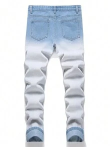 Teen Boy's Summer Breathable Color Block Sea Salt Blue Distressed Print Denim Jeans - Light Wash - View 2