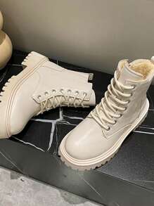 秋冬新款女士时尚休闲纯色雪地靴，蓬松衬里系带前拉链侧边米色靴子，毛皮靴