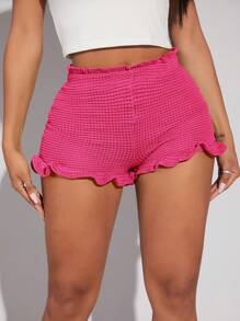 SHEIN SXY Summer/Beach;Waffle Knit Lettuce Trim Shorts - Hot Pink - View 7