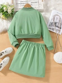 SHEIN Garota pré-adolescente Letra Corrigida Botão Frontal Jaqueta & Saia