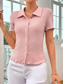 SHEIN Frenchy Solid Button Front Lettuce Trim Tee Summer Pink