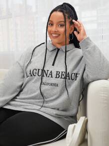 SHEIN CURVE+ Plus Size Letter Graphic Drop Shoulder Quarter Zip Sweatshirt - Light Grey - View 3