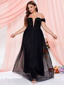 Plus Off Shoulder Mesh Formal Dress - Black - View 5
