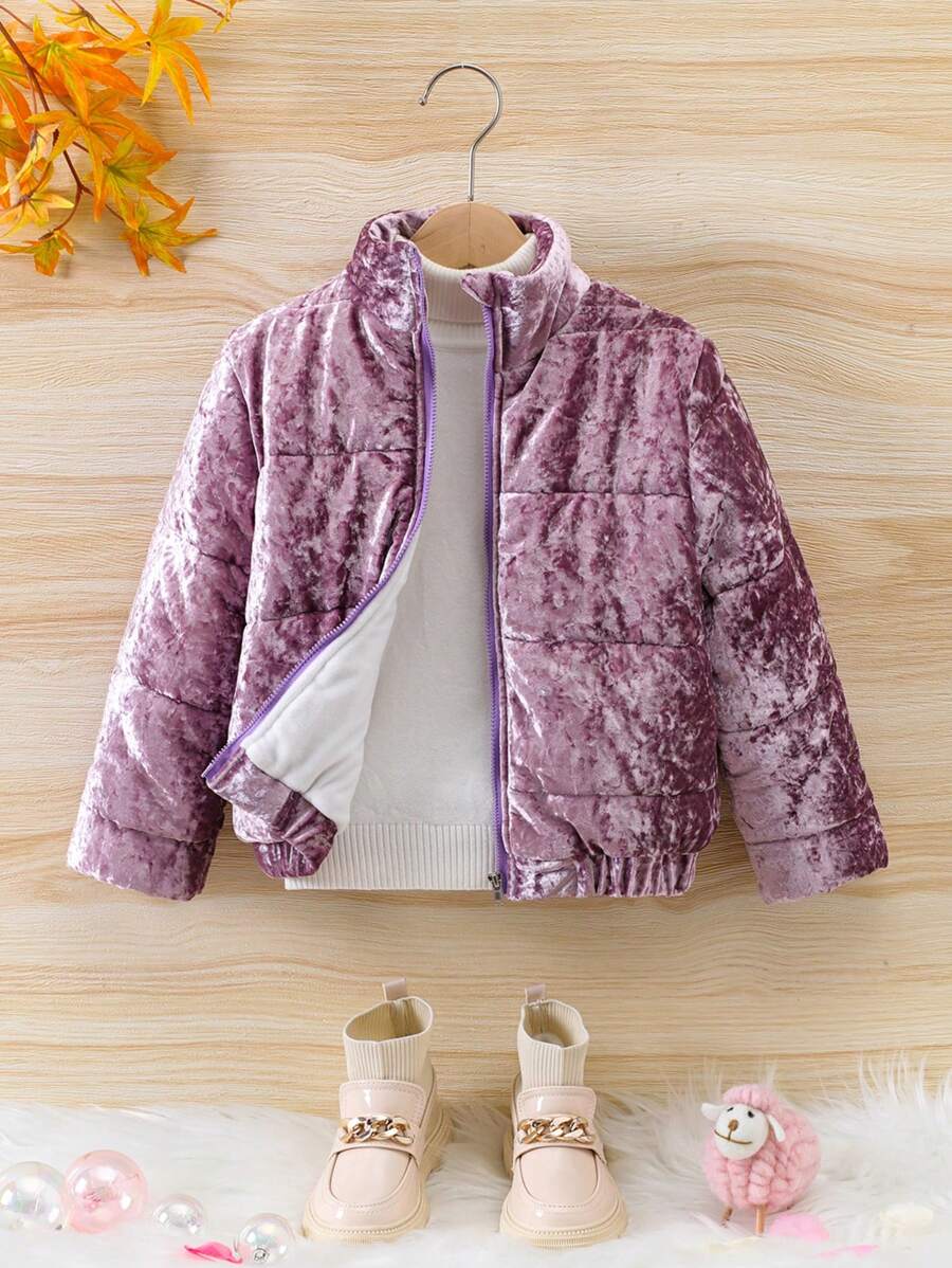 SHEIN Áo khoác đệm nhung có khóa kéo cho bé gái 1 chiếc - Màu tím - Xem 1