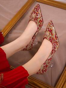 2023年新款女士紅色高跟鞋,中國風婚禮派對禮服鞋 - 紅色 - 查看 4