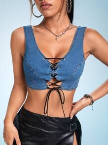 SHEIN ICON 正面繫帶短款牛仔背心 - 藍色 - 查看 4