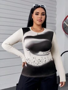 SHEIN EZwear Hơn In Đồ họa Áo thun - Màu be - Xem 3