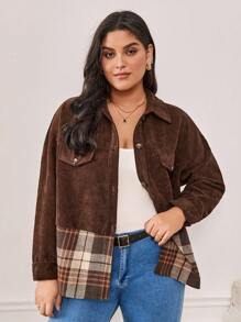SHEIN Frenchy Chaqueta de pana con hombros caídos y panel de cuadros - Camel - Ver 6