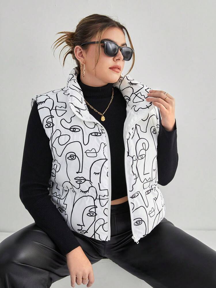 Plus Size Sketch Graphic Pattern Vest, Casual Daily Wear Winter Jacket