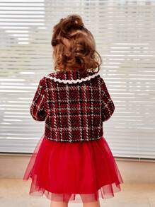 SHEIN Baby Girl Plaid Print Statement Collar Jacket & Mesh Overlay Dress