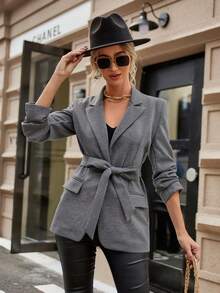 SHEIN BIZwear Tay áo cuộn Thắt lưng Áo vest - Màu Xám nhạt - Xem 5