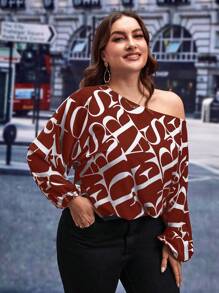 SHEIN Clasi 大碼滿版字母圖案不對稱領燈籠袖襯衫 - 彩色 - 查看 3