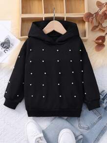 SHEIN 年轻女孩珍珠落肩卫衣 - 黑色 - 查看 1