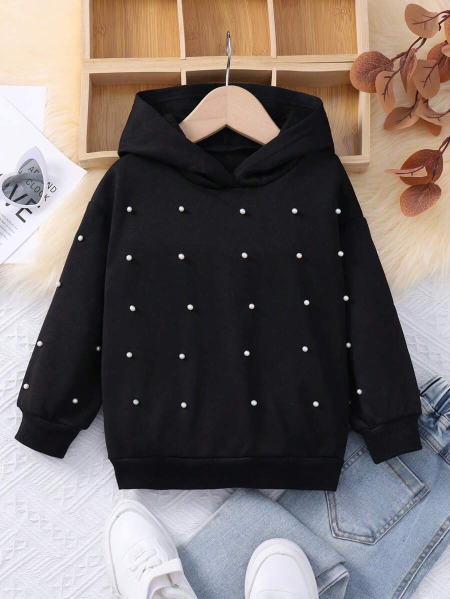 SHEIN 年轻女孩珍珠落肩卫衣 - 黑色 - 查看 1