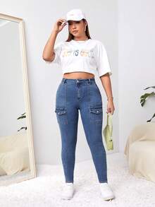 SHEIN EZwear 大碼高腰翻蓋口袋工裝牛仔褲 - 藍色 - 查看 3