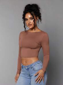 SHEIN BAE 素色露背短款T恤 - 棕色 - 查看 5